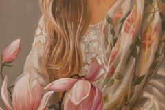 Ritratto con magnolie 2017 olio su tela 120x60