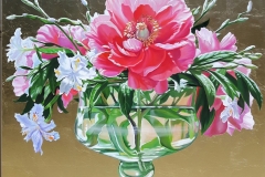 Peonie e iris giapponesi 2019 olio su tela e foglia d'oro 100x100